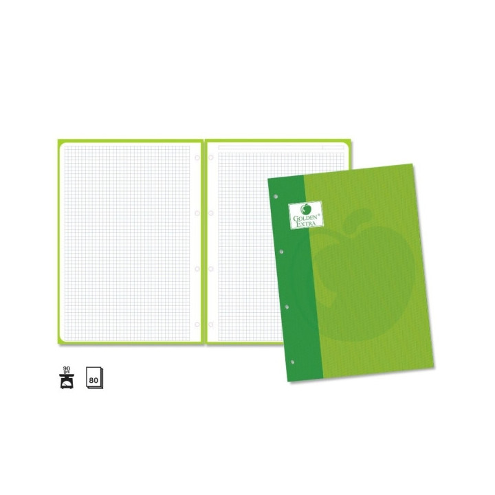 Golden Extra Recambio de 80 Hojas 90gr Cuadricula 4x4 - Formato A4 - 4 Taladros y Banda de Color Verde