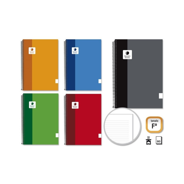 Golden Extra Cuaderno Espiral Folio 80 Hojas 90grs 1 Raya - Margen Remarcado - Tapa Forrada - Colores Surtidos