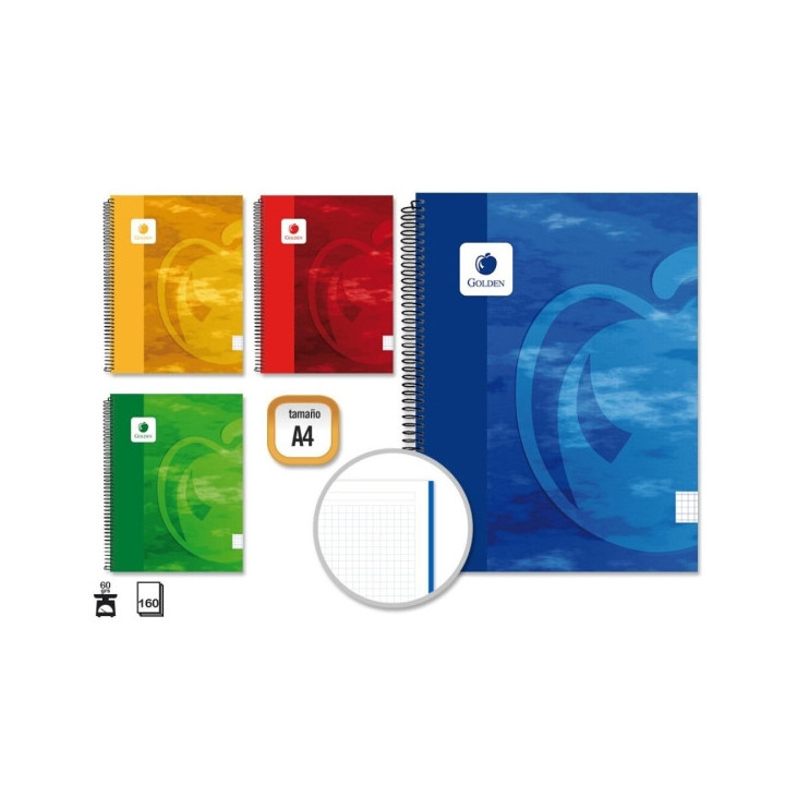 Golden Cuaderno Espiral A4 160 Hojas 60grs Cuadricula 5x5 - Hojas Microperforadas - Tapa Dura Plastificada - Colores Surtidos