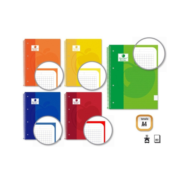 Golden Extra Cuaderno Espiral A4 80 Hojas 90grs Cuadricula 5x5 - Hojas Microperforadas con Banda de Color - Tapa Extradura Forr