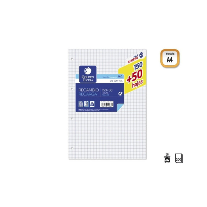 Golden Extra Recambio de 200 Hojas 90gr Cuadricula 4x4 - Formato A4 - 4 Taladros