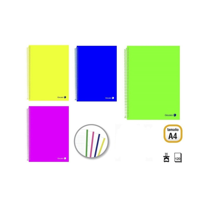 Golden Pack de 4 Cuadernos A4 120 Hojas 90gr Cuadricula 5x5 - Hojas Microperforadas con Banda de Color y 4 Taladros - Tapa Poli