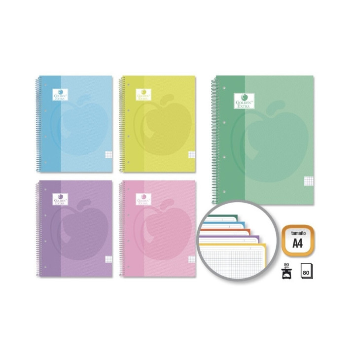 Golden Extra Cuaderno Espiral A4 80 Hojas 90grs Cuadricula 5x5 - Hojas Microperforadas con Banda de Color - Tapa Extradura Forr