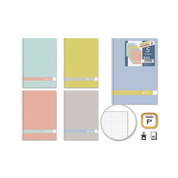 Golden Morandi Pack de 5 Cuadernos Espiral Folio 80 Hojas 90grs Cuadricula 4x4 - Tapa Blanda con Cantos Redondeados - Colores M