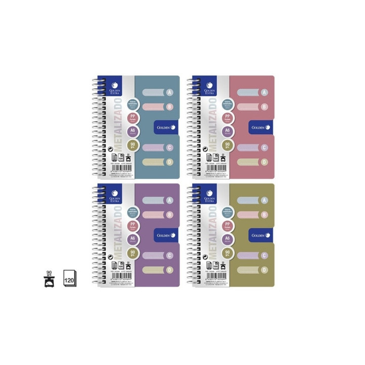 Golden Pack de 12 Cuadernos A6 120 Hojas 90gr Cuadricula 5x5 - Tapa Polipropileno - 4 Separadores - Colores Metalizados Surtido