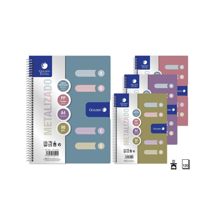 Golden Pack de 6 Cuadernos A4 120 Hojas 90gr Cuadricula 5x5 - 4 Separadores - Tapa Polipropileno - Colores Metalizados Surtidos