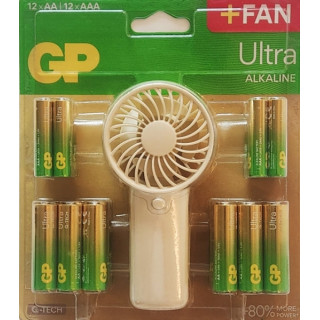 GP Ultra Alcalina Pack de 12 Pilas AAA + 12 Pilas AA + Ventilador de Mano de Regalo