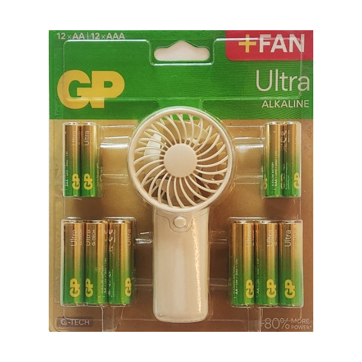 GP Ultra Alcalina Pack de 12 Pilas AAA + 12 Pilas AA + Ventilador de Mano de Regalo