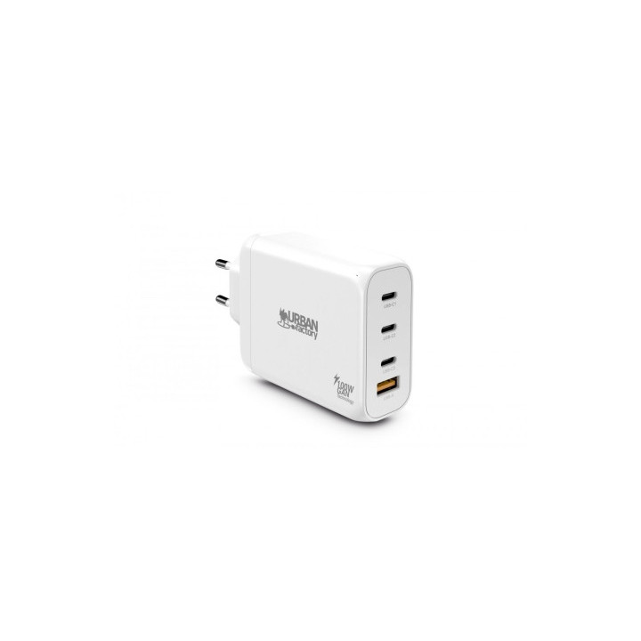 Urban Factory Powee Cargador USB-C GaN de 100W - 3 Puertos USB-C de 65W + 1 Puerto USB-A de 18W - Carga Rapida - Color Blanco