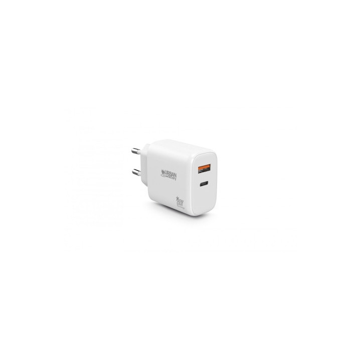 Urban Factory Powee Cargador USB-C GaN de 65W - 1 Puerto USB-C de 45W + 1 Puerto USB-A de 18W - Carga Rapida - Color Blanco