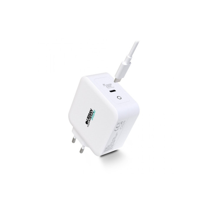 Urban Factory Cyclee Cargador de Pared USB-C GaN de 100W - Diseño Ecologico - Cable USB-C/USB-C de 2m - Color Blanco