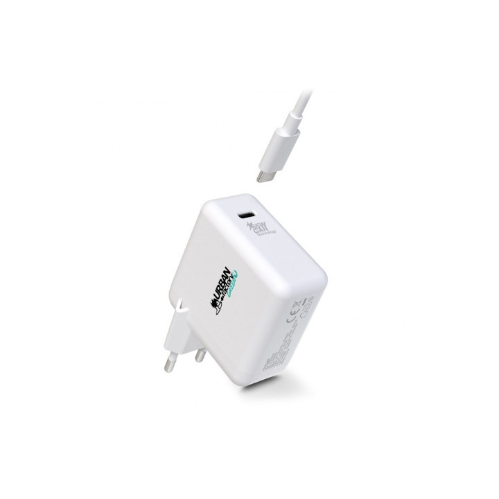 Urban Factory Cyclee Cargador de Pared USB-C GaN de 65W - Diseño Ecologico - Cable USB-C/USB-C de 2m - Color Blanco
