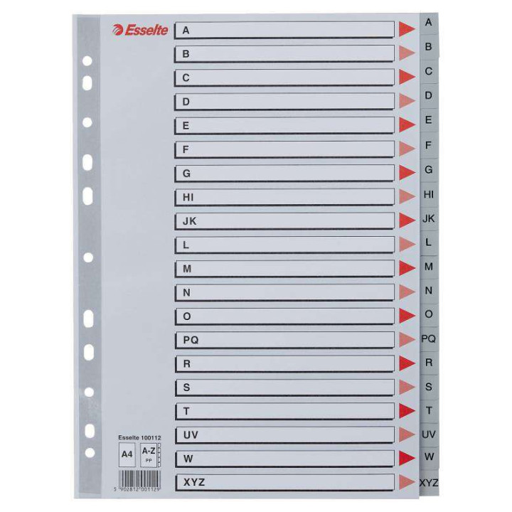 Esselte Indice Abecedario de Plastico con Caratula A4 - Tipo A-Z - Cartulina Indice: Carton Gris - Material PP - Tamaño A4 - M
