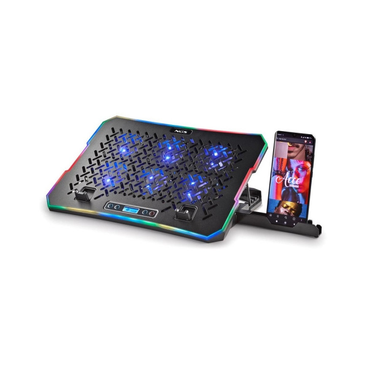 NGS HeroStand Base de Refrigeracion para Portatil Hasta 15.6" - 6 Ventiladores con LED Azul - Pantalla LCD con Botones de Contr
