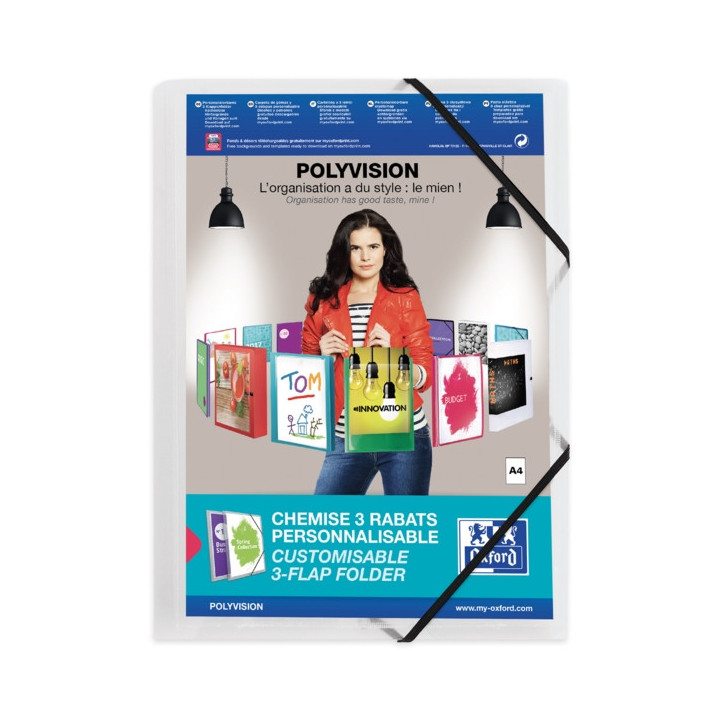 Oxford Polyvision A4+ Carpeta de Gomas 3 Solapas - Tapa de Plastico Personalizable - Lomo 30mm Transparente