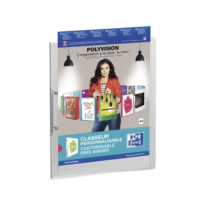 Oxford Polyvision A4+ Carpeta con 2 Anillas 25mm - Lomo de 25mm - Tapa de Plastico Personalizable - Transparente