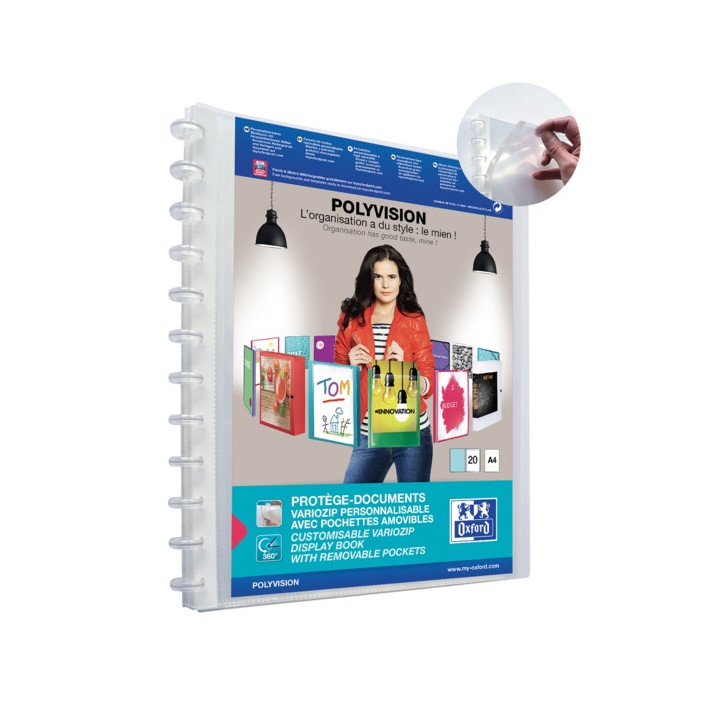 Oxford Polyvision Variozip A4+ Carpeta de 20 Fundas Removibles - Tapa de Plastico Personalizable - Organizacion y Proteccion pa