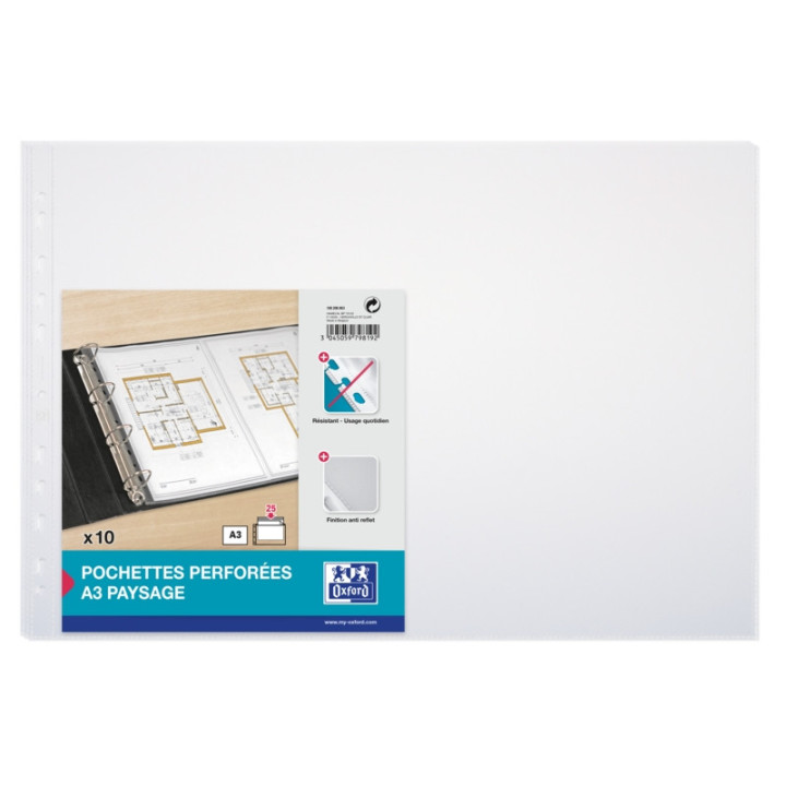 Oxford Pack de 10 Fundas Multitaladro A3 Apaisado 90 Micras - 11 Taladros - Polipropileno Estandar - Acabado Piel Naranja - Tra