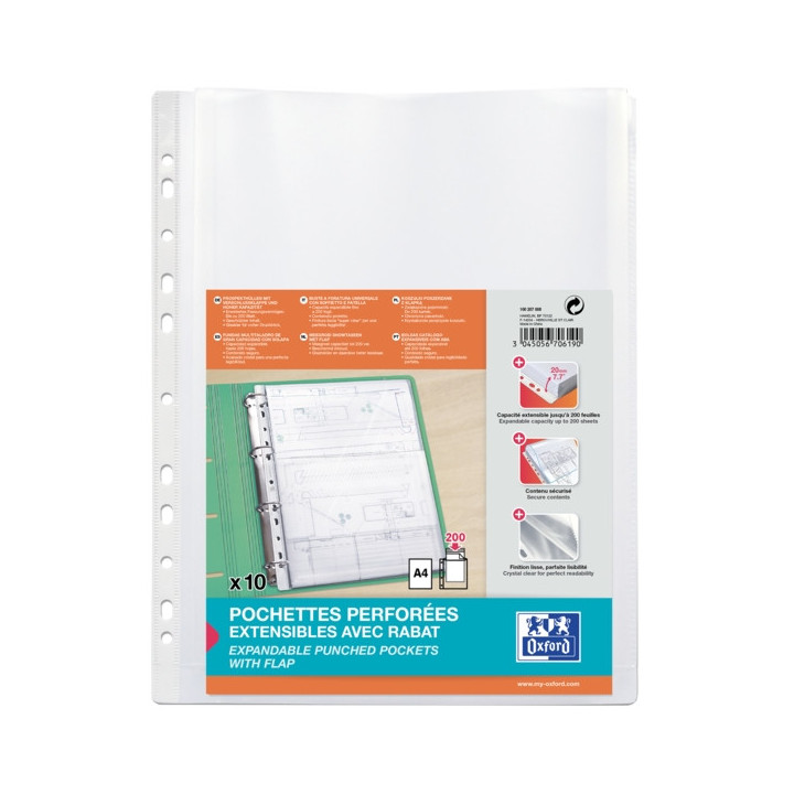 Oxford A4 Fundas Multitaladro Gran Capacidad - con Fuelle y Solapa - Polipropileno 200µ - Acabado Cristal