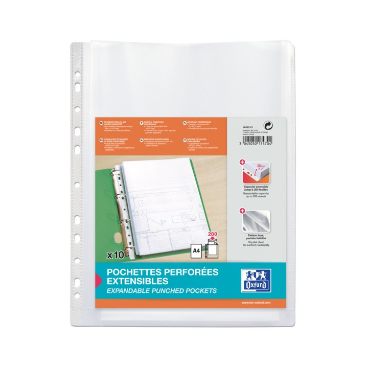 Oxford Pack de 10 Fundas Multitaladro A4 con Fuelle - Gran Capacidad - Polipropileno 200µ - Acabado Cristal