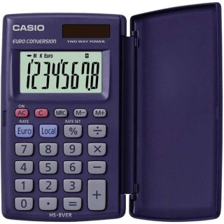 Casio HS-8VERA Calculadora de Bolsillo con Tapa - Pantalla LC Extragrande de 8 Digitos - Funcion Conversor de Euros - Color Azu