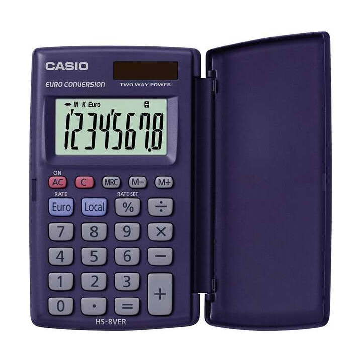 Casio HS-8VERA Calculadora de Bolsillo con Tapa - Pantalla LC Extragrande de 8 Digitos - Funcion Conversor de Euros - Color Azu