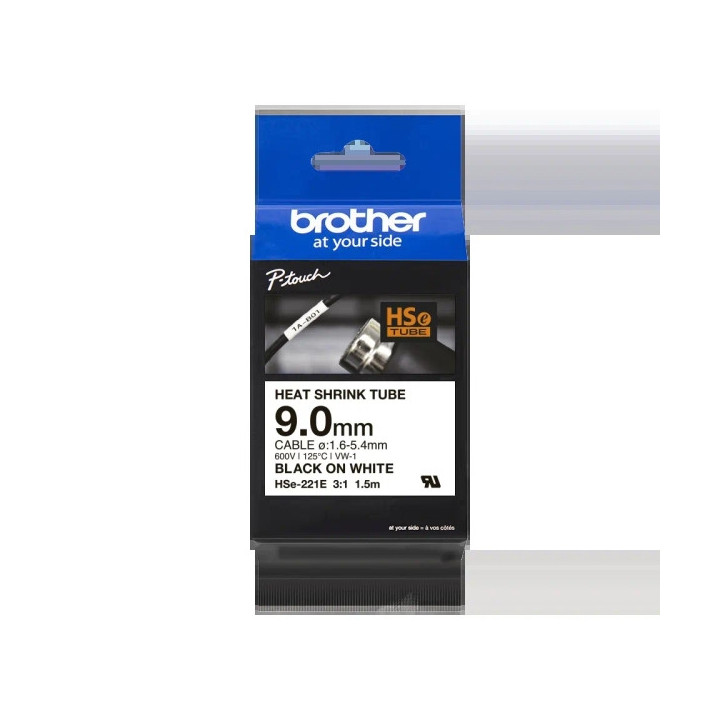 Brother HSe221E Cinta Tubo Termorretractil Original de Etiquetas para Cables - Texto negro sobre fondo blanco - Ancho 9mm x 1.5