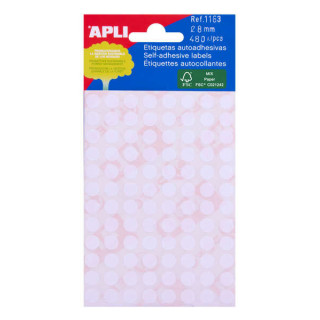 Apli Minibolsa de 480 Etiquetas Redondas Ø 8.0mm - 5 Hojas por 96 Etiquetas - Adhesivo Permanente - Color Blanco