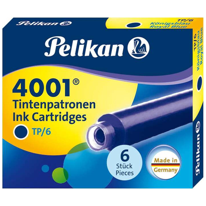 Pelikan 4001 TP/6 Pack de 6 Cartuchos - Tinta de Alta Calidad - Compatible con Plumas Estilograficas - Color Azul Real