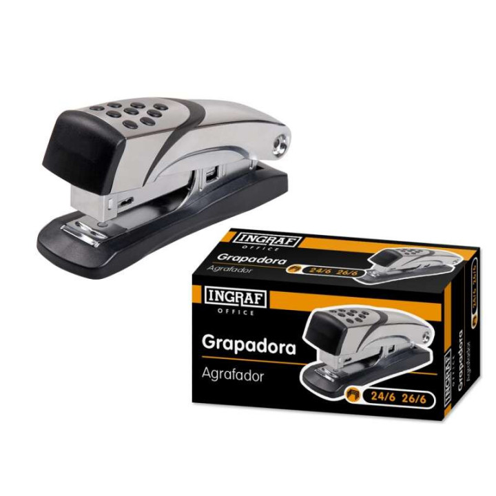 Ingraf N4 Grapadora Metalica - Cuerpo Metalico con Adornos en Plastico - Recubrimiento de Goma Antideslizante - Compatible con