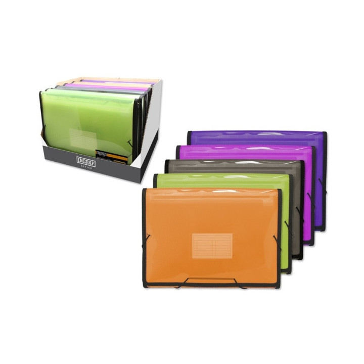 Ingraf Expositor con 10 Carpetas Frame Fuelle 13 Departamentos Tamaño A4 - Polipropileno Translucido - Cierre con Gomas - Colo