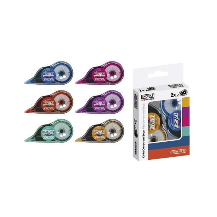 Ingraf Mediterraneo Pack de 2 Cintas Correctoras 5mmx12m - Perfecta Adherencia al Papel - Cuerpo de Colores Surtidos