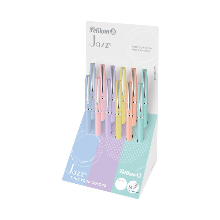 Pelikan Jazz Pastel Expositor con 12 Boligrafos con Mecanismo de Giro - Punta Mediana - Cuerpo Lacado - Recargable - Color Past