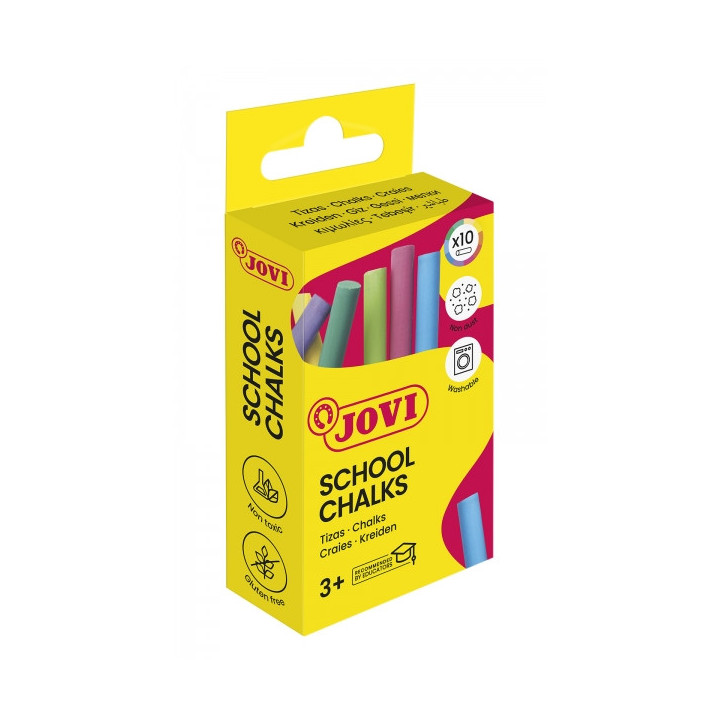 Jovi School Chalks Caja de 10 Tizas - Compactas - sin Polvo - Materias Primas Naturales - Trazos Nitidos - Faciles de Borrar -