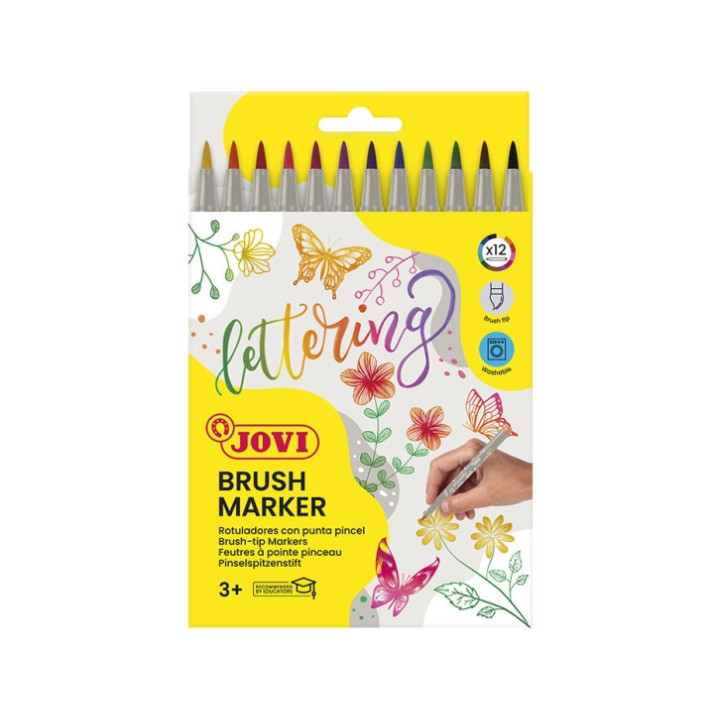 Jovi Brush Marker Pack de 12 Rotuladores Punta Pincel 4.5mm - Punta Suave y Flexible - Trazos Finos y Gruesos - Tinta Base Agua
