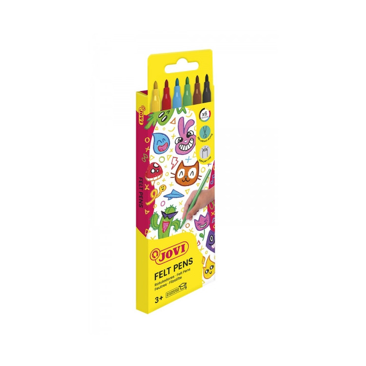 Jovi Felt Pens Estuche de 6 Rotuladores - Tinta de Gran Fijacion - Punta de 3mm - Capuchon de Seguridad Ventilado - Grip Triang
