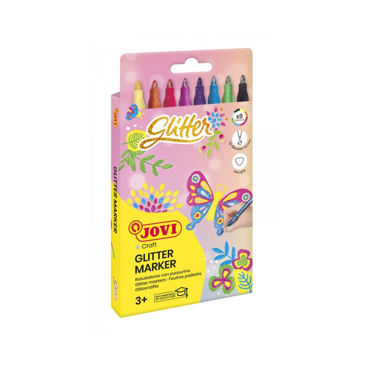 Jovi Glitter Marker Caja con 8 Rotuladores Efecto Purpurina - Tinta Base Agua - Grip Triangular Ergonomico - Punta Resistente -