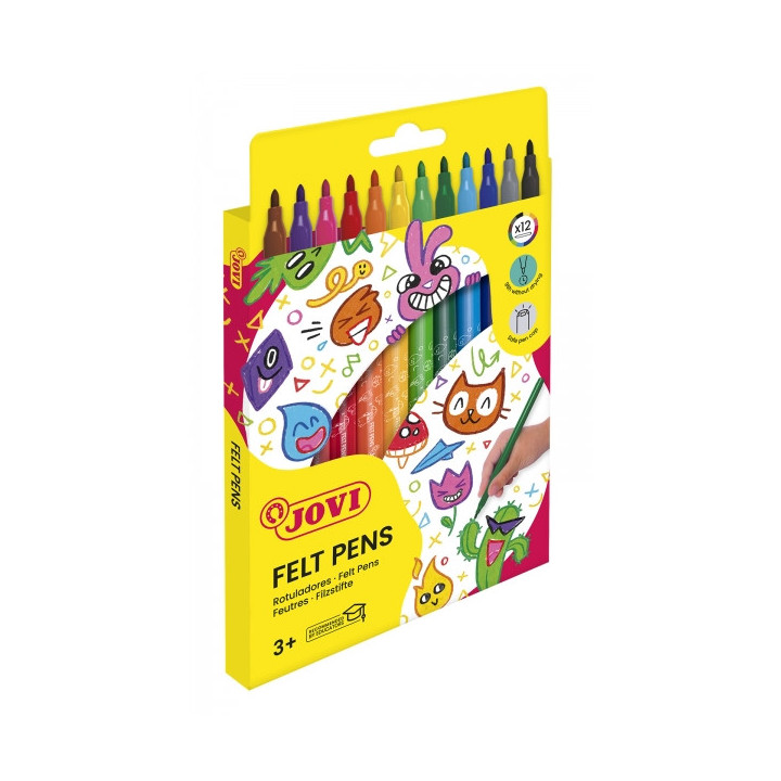 Jovi Felt Pens Estuche de 12 Rotuladores - Amplia Variedad de Tonos - Tinta de Gran Fijacion - Punta de 3mm - Capuchon de Segur