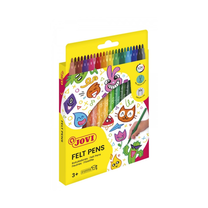 Jovi Felt Pens Estuche de 24 Rotuladores - Amplia Variedad de Tonos - Tinta de Gran Fijacion - Punta de 3mm - Capuchon de Segur