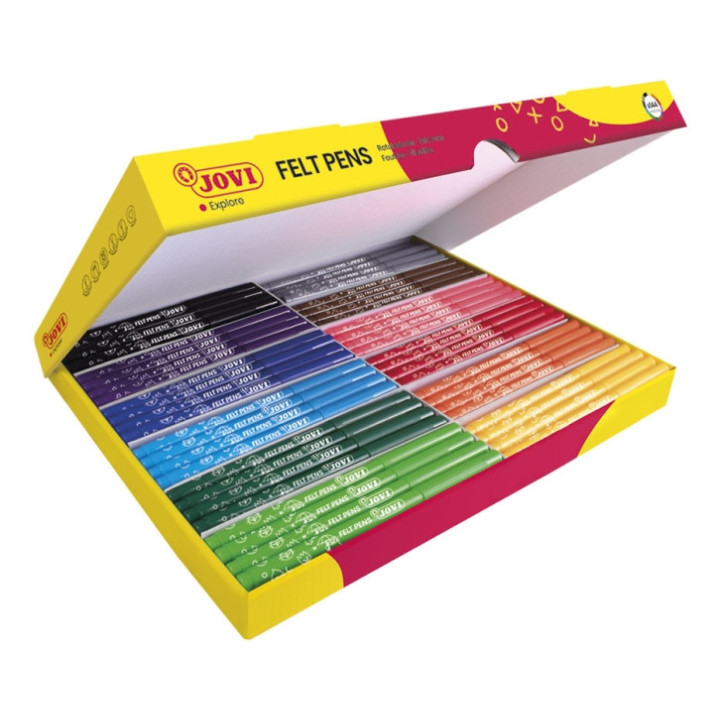 Jovi Felt Pens Caja de 144 Rotuladores - Punta Resistente - Capuchon Ventilado - Grip Triangular Ergonomico - Tinta de Gran Fij