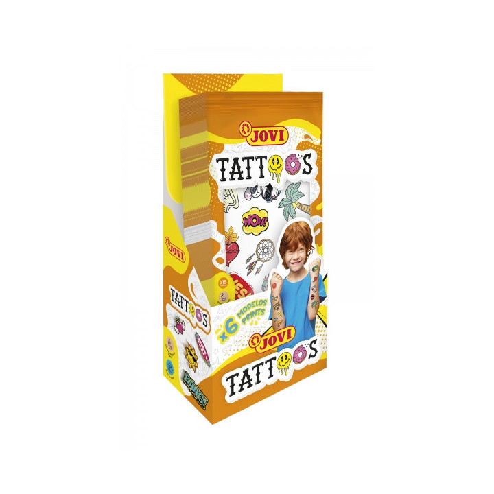 Jovi Expositor con 24 Packs de Tatuajes Temporales - 6 Laminas por Pack - Mas de 80 Motivos - Emoticonos