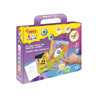 Jovi Play & Fun Kit Pinta con Arena Monsters con 8 Botes de Arena + 1 Punzon + 3 Laminas con Diseños de Monstruos - Colores Su