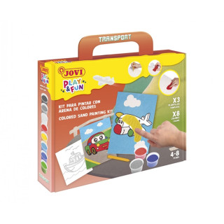 Jovi Play & Fun Kit Pinta con Arena Transport con 8 Botes de Arena + 1 Punzon + 3 Laminas con Diseños de Transportes - Colores
