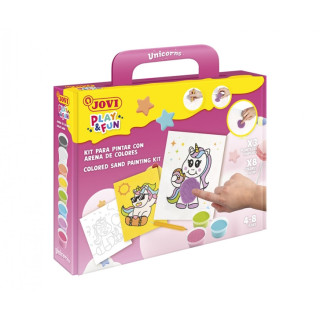 Jovi Play & Fun Kit Pinta con Arena Unicorns con 8 Botes de Arena + 1 Punzon + 3 Laminas con Diseños de Unicornios - Colores S