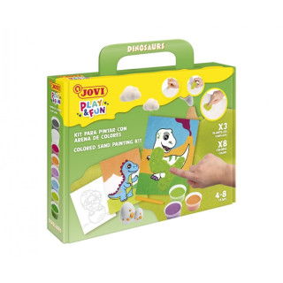 Jovi Play & Fun Kit Pinta con Arena Dinosaurs con 8 Botes de Arena + 1 Punzon + 3 Laminas con Diseños de Dinosaurios - Colores