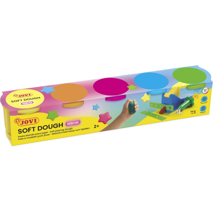 Jovi Soft Dough Estuche de 5 Botes Colores Neon - Blanda y Flexible - Facil de Amasar y Moldear - Ideal para Iniciacion al Mode