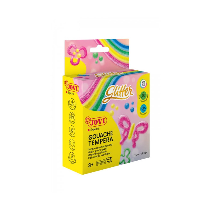 Jovi Glitter Gouache Estuche de 4 Botes de Tempera 35ml - Tempera Liquida Base Agua - Particulas de Purpurina - Excelente Rendi