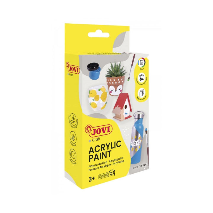 Jovi Pintura Acrilica Estuche con 6 Botes + Pincel - Acabado Satinado - Alto Poder Cubriente - Aplicacion Facil - Resistente al