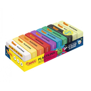 Jovi Bandeja con 10 Pastillas de Plastilina 50gr - 8 Colores Basicos + 2 Fluorescentes - Muy Moldeable - No se Seca - Colores S
