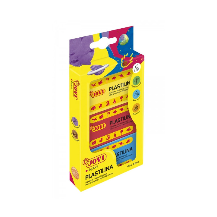 Jovi Pack de 3 Pastillas de Plastilina 50gr - No Se Seca - Sin Gluten - Facil de Moldear - Libre de Alergenos - No Toxica - Col